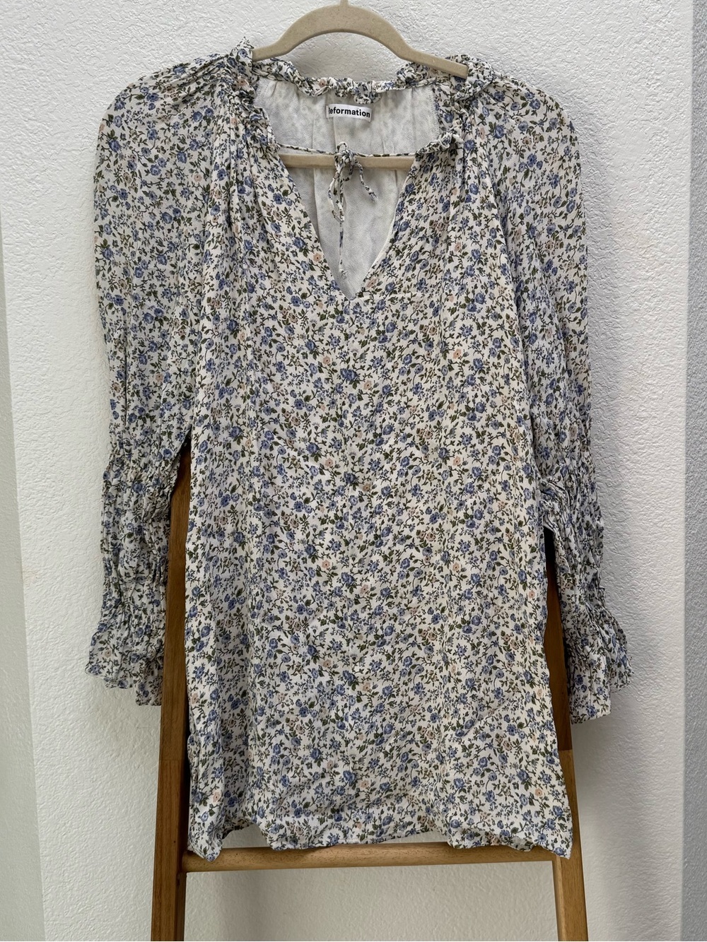 Reformation Cream & Blue Floral Mini Dress Ties at Neck Long Sleeve Cottagecore